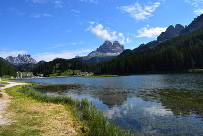 Scenic view of lake and mountains against sky