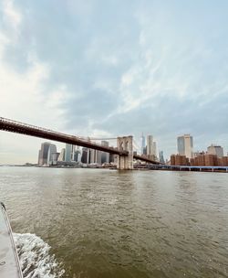 Bridge over river in city against sky