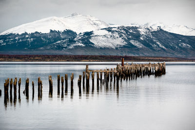 Wooden posts in lake against snowcapped mountains during winter