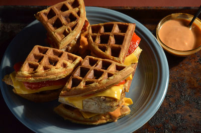 High angle view of breakfast on table