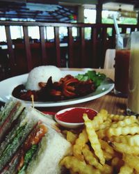 Close-up of food served on table