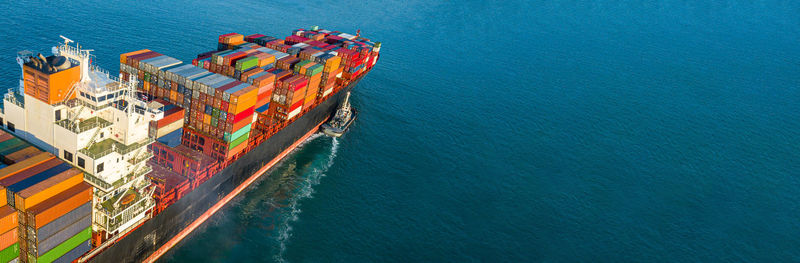 High angle view of ship by sea