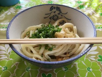 High angle view of soup in bowl on table