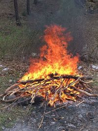 High angle view of bonfire on field