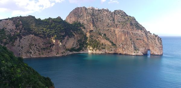 Scenic view of bay against clear sky