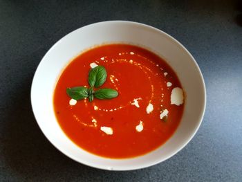 High angle view of soup in bowl on table