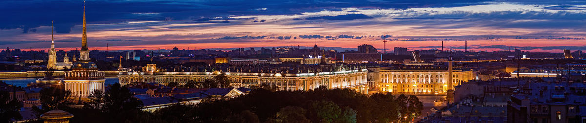 Scenic panoramic view from roof of night st petersburg city in russia at summer