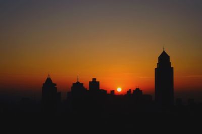 Silhouette of city at sunset