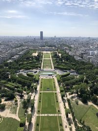 High angle view of buildings in city against sky