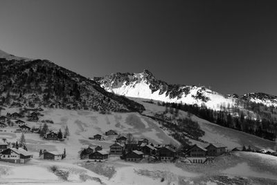 Scenic view of snow covered mountains against sky