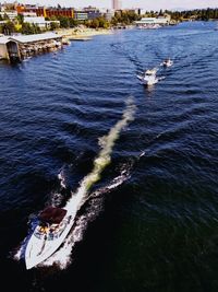 High angle view of boats in sea