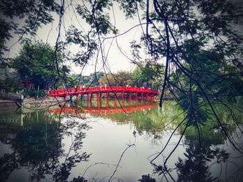 Reflection of trees in river against sky