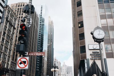 Low angle view of road sign against buildings