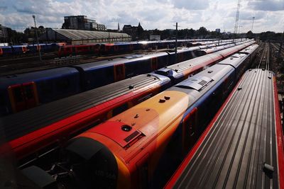 High angle view of train against sky