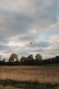 Hot air balloons on field against sky