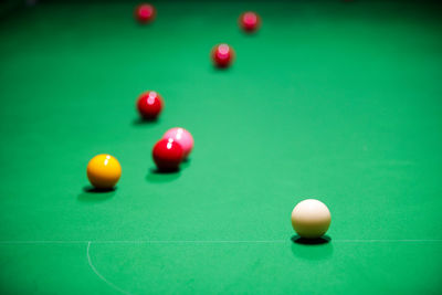 Close-up of balls on pool table