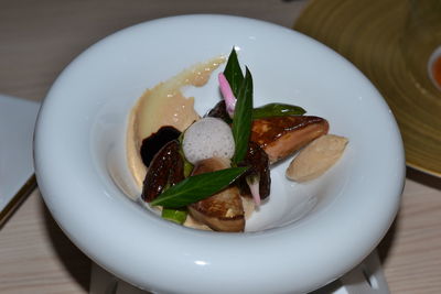 High angle view of food in plate on table