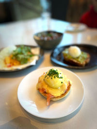 High angle view of food served on table