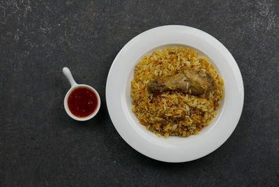 High angle view of food in bowl on table