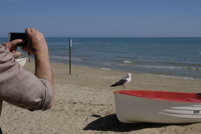 Rear view of man photographing at beach