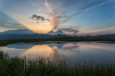 Scenic view of lake against sky during sunset