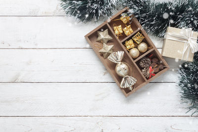 Directly above shot of christmas decorations on table