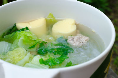 High angle view of soup in bowl