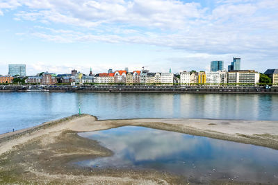 The banks of the rhine in düsseldorf and a bird's eye view of the city