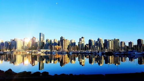 Buildings and boats reflecting on lake in city