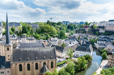 High angle view of buildings in city of luxemburg