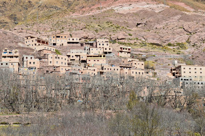 High angle view of buildings in village