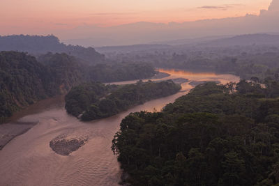 High angle view of landscape against sky during sunset