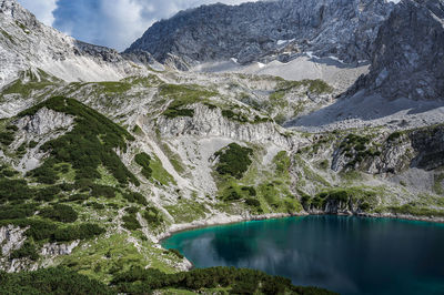 Scenic view of drachensee lake and mountains