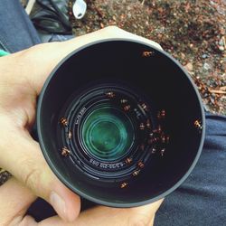 Close-up of cropped hand holding camera