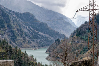 Metal electric pole in mountains, remote areas electrification. georgia, svaneti.