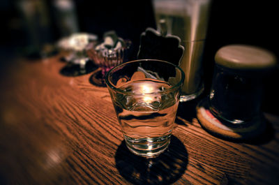High angle view of wine glass on table