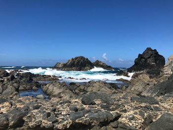 Scenic view of beach against clear blue sky