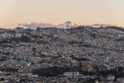 High angle view of townscape against sky during sunset