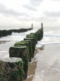 Wooden post on rock in sea against sky