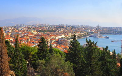 High angle view of buildings in city