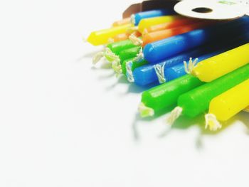 High angle view of multi colored candies on table