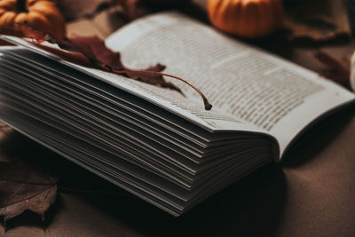 High angle view of open book on table