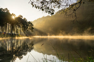 Scenic view of lake against sky at sunset