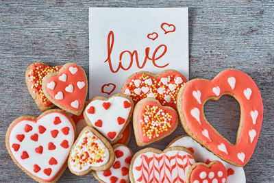 Directly above shot of heart shape cookies on table