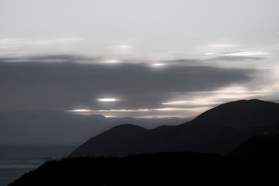 Scenic view of silhouette mountains against sky during sunset