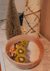 High angle view of people in bowl on table