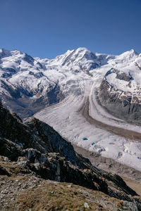 Scenic view of snowcapped mountains against clear sky