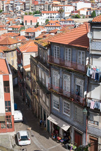 High angle view of residential buildings in town