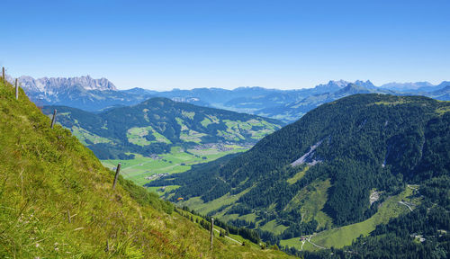 Scenic view of mountains against clear blue sky