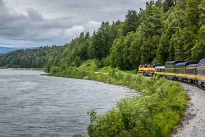 Train by river and trees against cloudy sky
